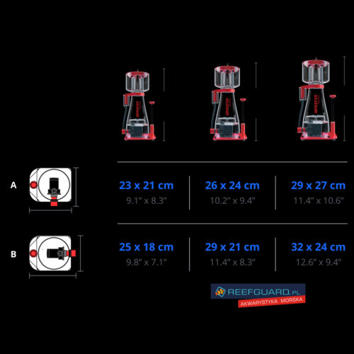 Red Sea Reefer DC-Skimmer RSK-600 Odpieniacz białek 600-1800 litrów bez kontrolera Wymiary